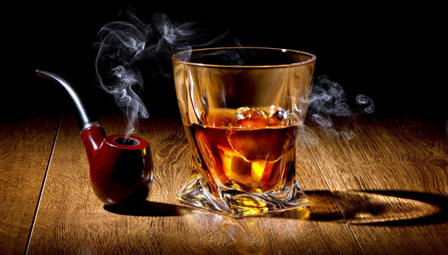 Обои картинки фото еда, напитки, дым, лед, трубка, виски