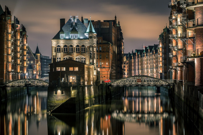 Обои картинки фото hamburg, города, гамбург , германия, огни, ночь