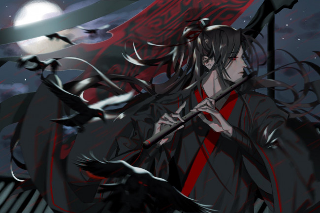 Обои картинки фото аниме, mo dao zu shi, вэй, усянь, флейта, луна, птицы