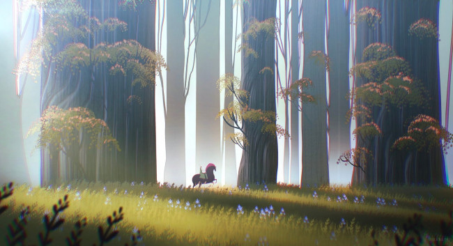 Обои картинки фото рисованное, люди, лес, конь, девушка