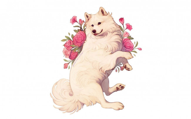 Обои картинки фото рисованное, животные,  собаки, собака, цветы