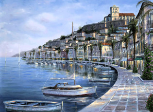 обоя рисованное, robert finale, дома, здания, набережная, море, яхты