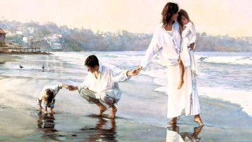 Картинка рисованное люди женщина мужчина дети берег море