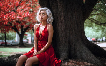 Картинка 3д+графика люди+ people девушка платье деревья листья парк осень