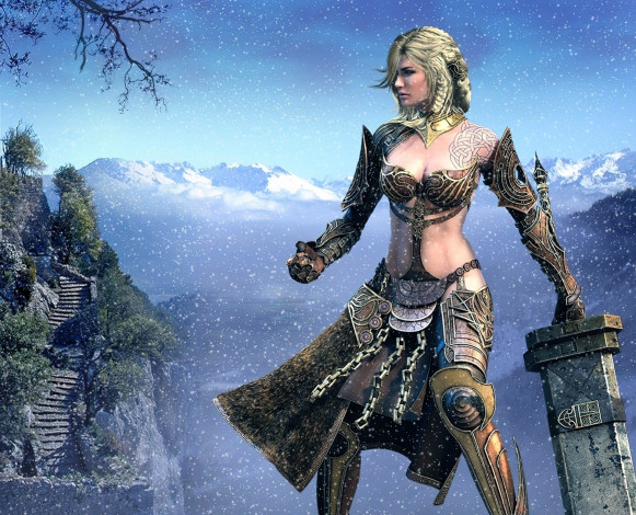 Обои картинки фото видео игры, guild wars 2, девушка, снег, горы, лестница