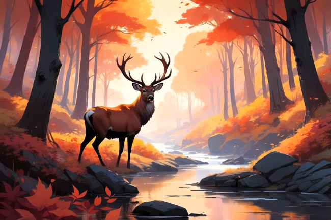 Обои картинки фото рисованное, животные,  олени, олень, лес, осень, деревья, ручей, камни