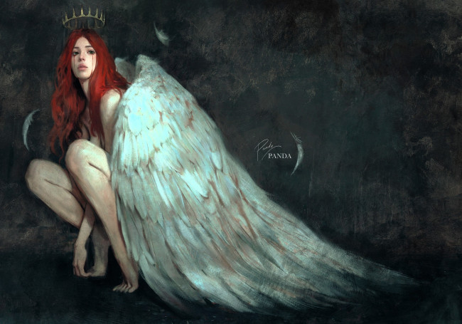 Обои картинки фото фэнтези, ангелы, девушка, ангел, рыжая, крылья, корона