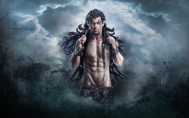 Обои картинки фото фэнтези, люди, мужчина, браслеты, волосы, тучи