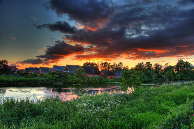 Обои картинки фото германия, шёнберг, природа, восходы, закаты, река, дома, закат