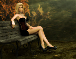 Картинка 3д графика people люди скамейка взгляд парк девушка