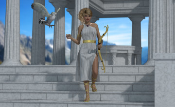 Картинка 3д графика people люди лесница девушка лук сова