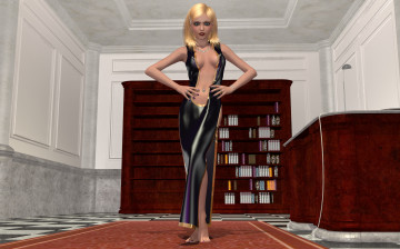 Картинка 3д графика people люди девушка полки книги платье