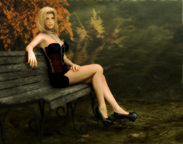 Обои картинки фото 3д, графика, people, люди, скамейка, взгляд, парк, девушка