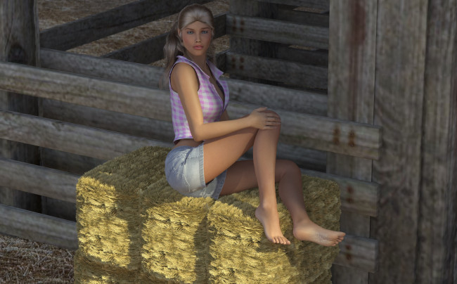 Обои картинки фото 3д, графика, people, люди, девушка, взгляд, сено