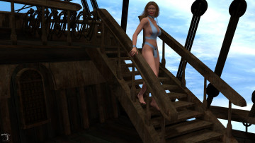 обоя 3д графика, люди , people, девушка, взгляд, бикини, небо, лестница, парусник
