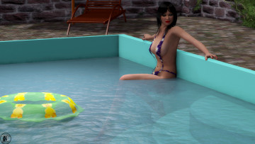 обоя 3д графика, люди , people, девушка, взгляд, бикини, бассейн, стена, растение, круг