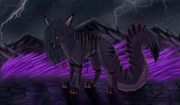 Картинка рисованное животные +сказочные +мифические взгляд медальен ночь горы молнии собака