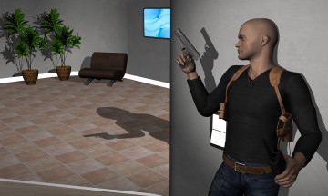 Картинка she+wolf 3д+графика фантазия+ fantasy картина растение комната тень диван оружие кобура мужчина