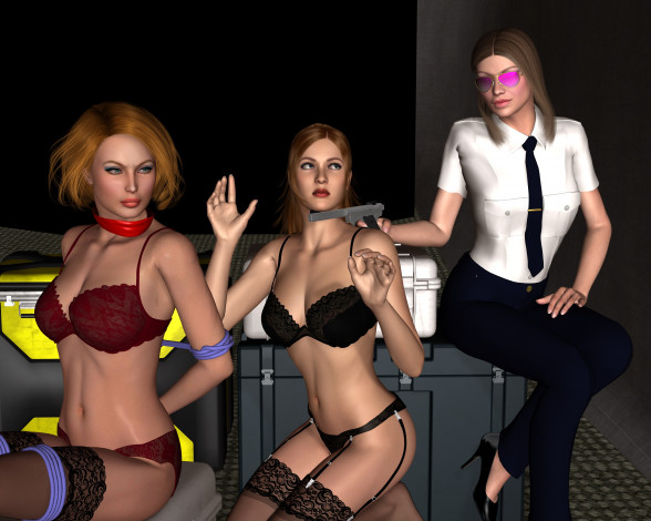 Обои картинки фото stewardesses, 3д графика, фантазия , fantasy, стюардесы, чемоданы, лифчик, чулки, оружие, взгляд, девушки