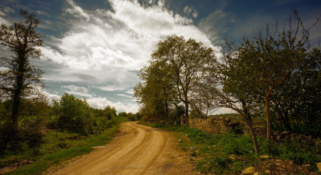 Обои картинки фото природа, дороги, облака, небо, трава, деревья, дорога