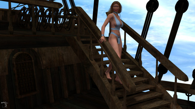 Обои картинки фото 3д графика, люди , people, девушка, взгляд, бикини, небо, лестница, парусник