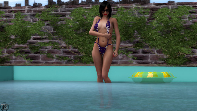 Обои картинки фото 3д графика, люди , people, девушка, взгляд, бикини, бассейн, стена, растение, круг