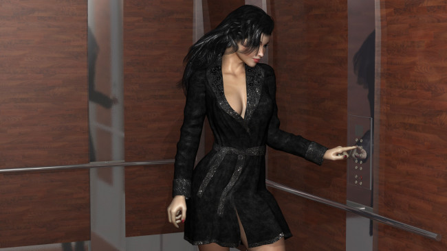 Обои картинки фото 3д графика, люди , people, лифт, фон, взгляд, девушка