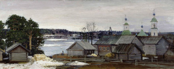 Картинка ледоход+-+страхов+валерий рисованное живопись село река льдины церковь деревья весна