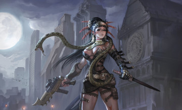 Картинка фэнтези девушки knife оружие змея убийца assassin by inshoo1 ночь золотые украшения город mayan девушка city пистолет-пулемет нож golden jewelry ремешки straps кожаный костюм leather outfit перья feathers