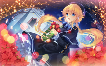 Картинка аниме зима +новый+год +рождество взгляд венок рождество цветы девушка фон