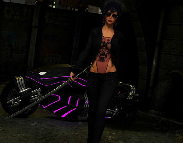 Обои картинки фото 3д графика, фантазия , fantasy, оружие, девушка, фон, взгляд