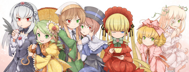Обои картинки фото аниме, rozen maiden, shinku, девочки, арт, suiseiseki, souseiseki, suigintou, mtyy, kanaria, hina, ichigo, rozen, maiden, kirakishou