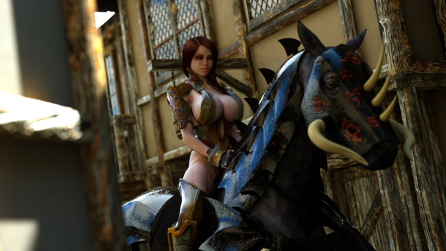 Обои картинки фото 3д графика, фантазия , fantasy, взгляд, девушка, лошадь, фон