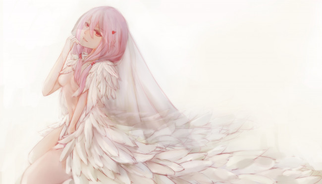 Обои картинки фото guilty crown, аниме, девушка, перья, платье, фон, взгляд