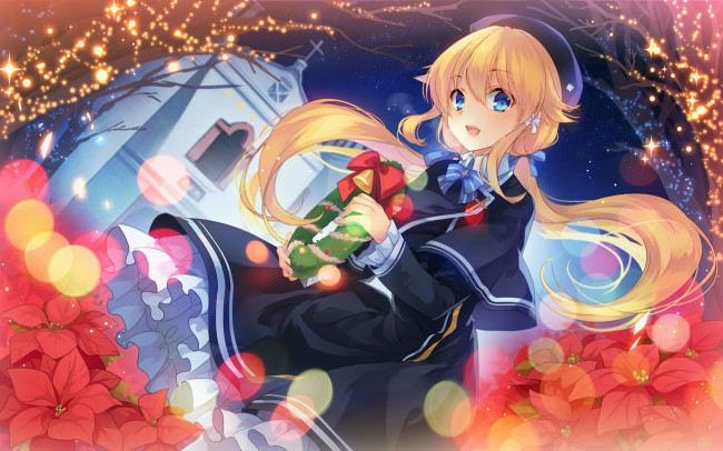 Обои картинки фото аниме, зима,  новый год,  рождество, взгляд, венок, рождество, цветы, девушка, фон