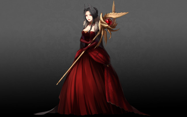 Обои картинки фото аниме, магия,  колдовство,  halloween, посох, крылья, красное, пышное, платье, девушка