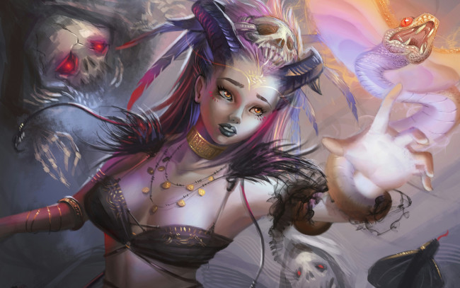 Обои картинки фото фэнтези, демоны, черепа, девушка, кобра, змея, скелеты