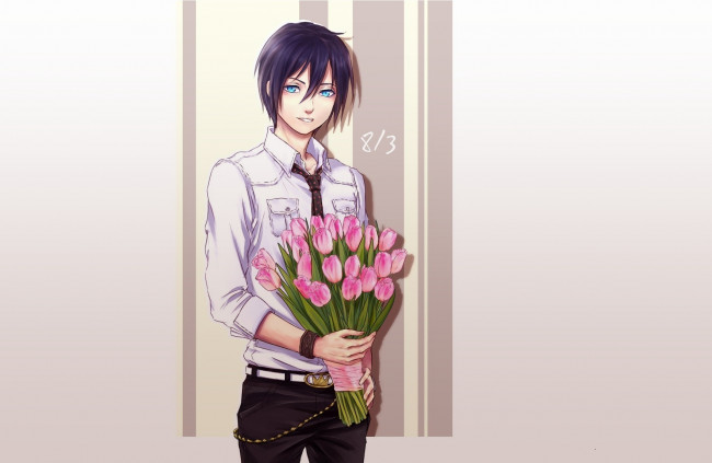 Обои картинки фото аниме, noragami, парень, бездомный, бог, тюльпаны, букет, Ято, арт