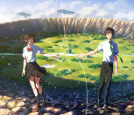 Картинка аниме kimi+no+na+wa взгляд девушка парень фон