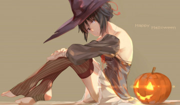 Картинка аниме магия +колдовство +halloween тыква взгляд фон девушка