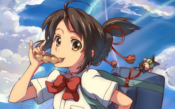 Картинка аниме kimi+no+na+wa девушка взгляд фон