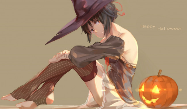 Обои картинки фото аниме, магия,  колдовство,  halloween, тыква, взгляд, фон, девушка