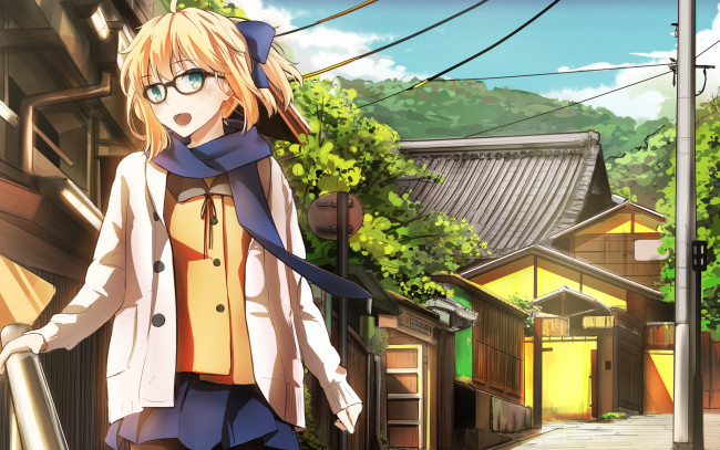 Обои картинки фото аниме, fate, stay night, взгляд, девушка, фон