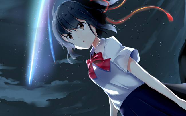 Обои картинки фото аниме, kimi no na wa, фон, взгляд, девушка