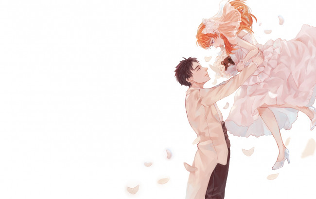 Обои картинки фото аниме, gekkan shoujo nozaki-kun, сакура, нозаки, свадьба, счастье, двое, лепестки, любовь, романтика