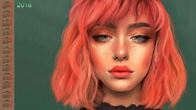 Обои картинки фото календари, рисованные,  векторная графика, 2018, девушка, лицо, взгляд