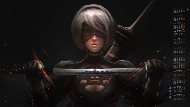 Обои картинки фото календари, видеоигры, 2018, девушка, повязка, оружие