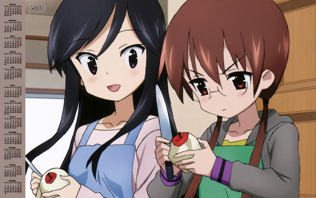 Обои картинки фото календари, аниме, 2018, девочка, двое, яблоко, разговор