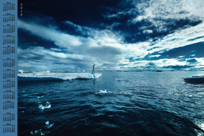 Обои картинки фото календари, природа, 2018, водоем, девушка, льдина