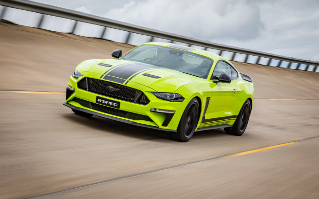 Обои картинки фото 2020 ford mustang r-spec, автомобили, ford, американские, суперкар, зеленый, mustang, тюнинг, спортивный, купе, вид, спереди, r-spec